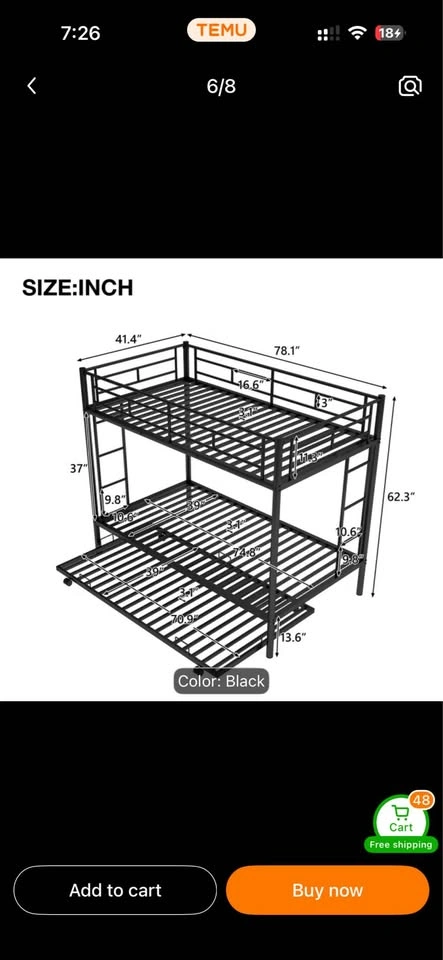 Black Metal Bunk Bed with Trundle - photo 2