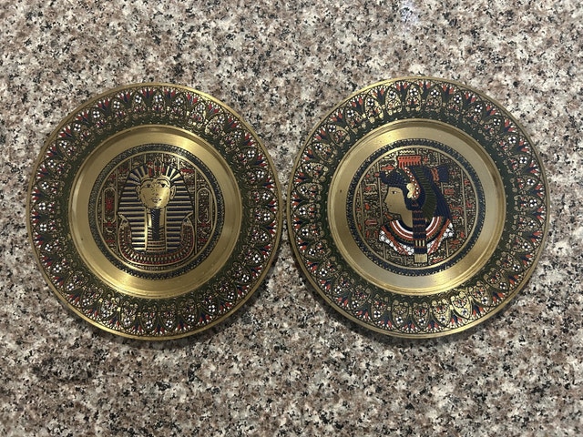 Decorative Egyptian brass plaques, Tutankhamen, Isis