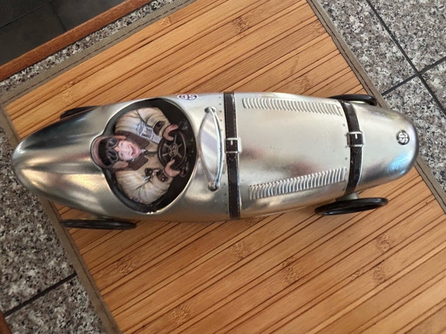silver racing car cookie tin - photo 3