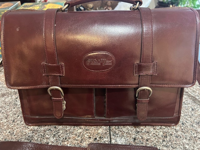 Bugatti solid leather briefcase, mahogany brown, lined