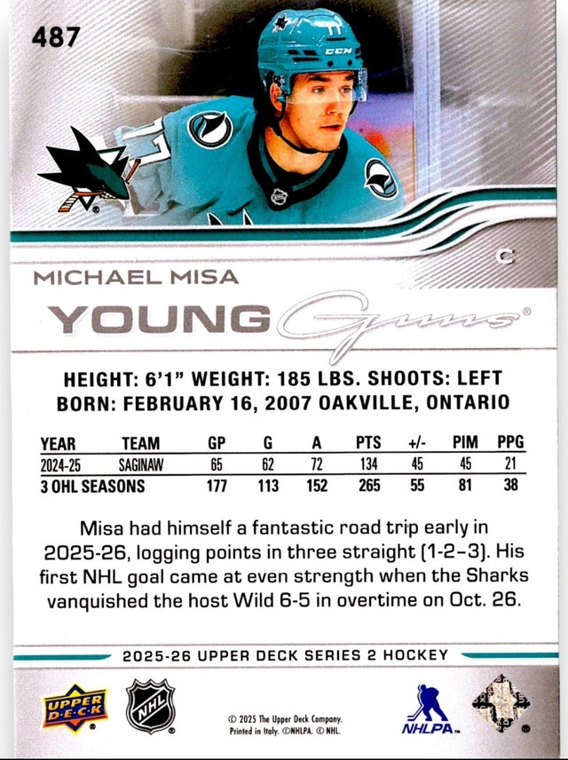 Michael Misa Young Guns #478 Upper Deck Series 2 SJS - photo 2