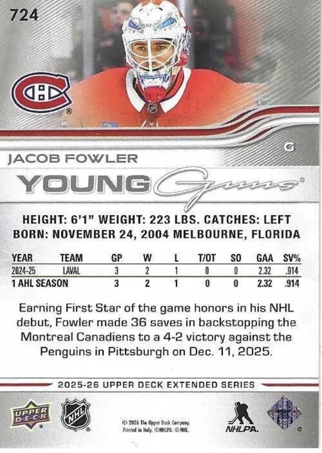 Upper Deck Jacob Fowler 2025-26 Extended Series Young Guns - photo 2