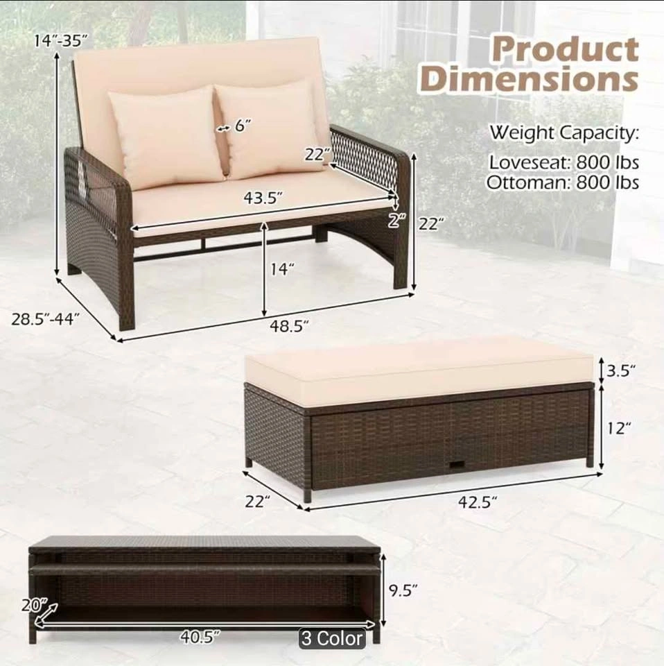 Adjustable Wicker Daybed, Rattan Loveseat & Storage Ottoman - photo 2