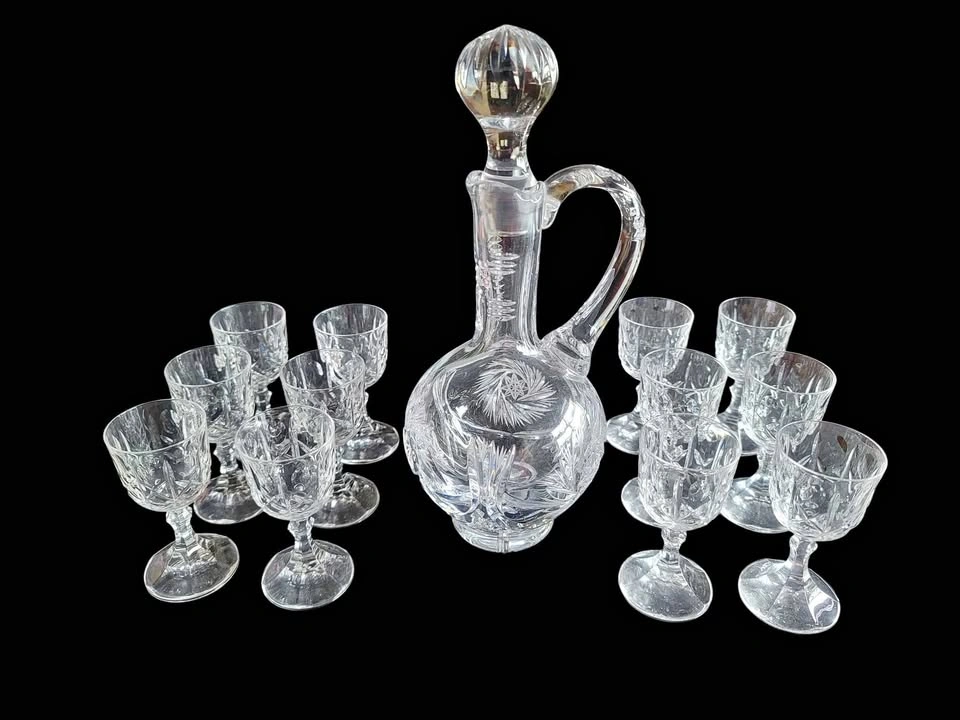 Vintage Crystal Glass Carafe with Glasses