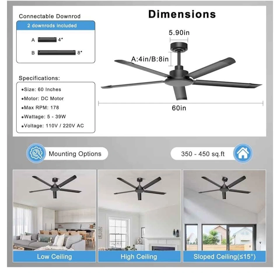 60'' Industrial Ceiling Fan No Lights with Remote & APP - photo 4