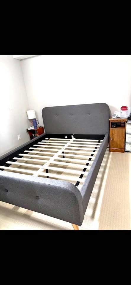 Grey Upholstered Queen Platform Bed Frame