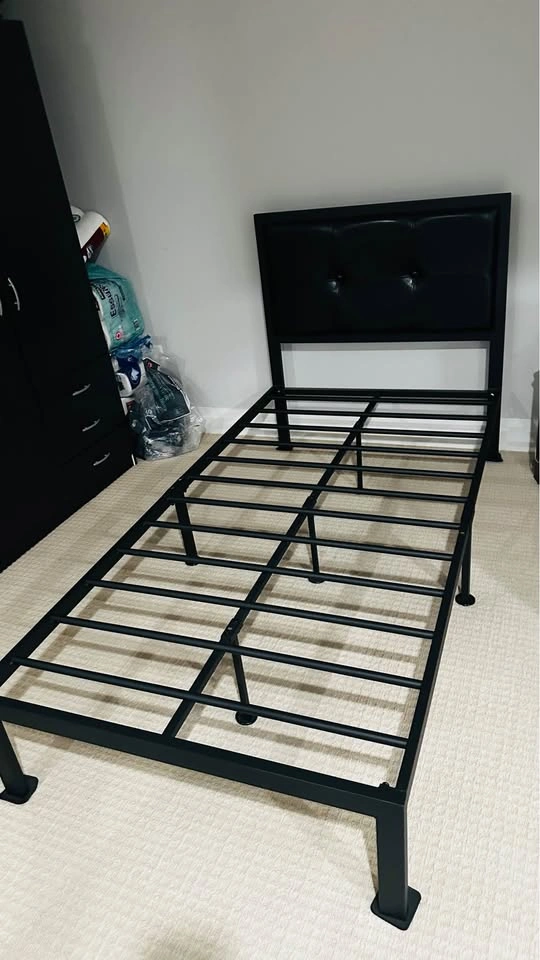 Twin Metal Bed Frame with Faux Leather Headboard - photo 2