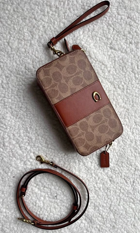 Coach Kira Monogram Leather Brown Wristlet / Crossbody Mini Bag
