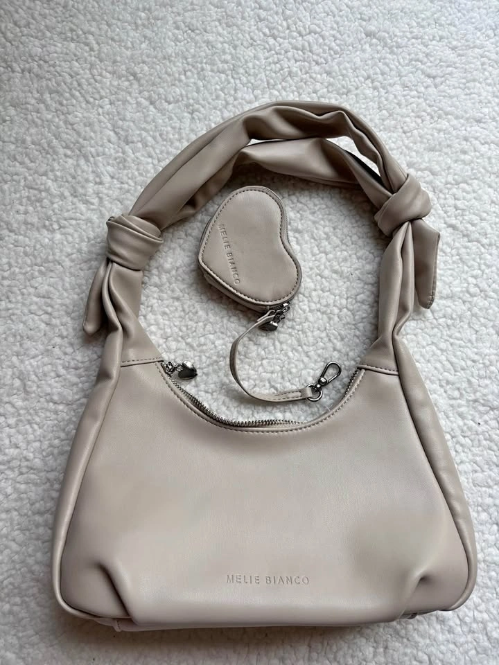Melie Bianco NWOT Beige Knotted Shoulder Bag with Heart Pouch