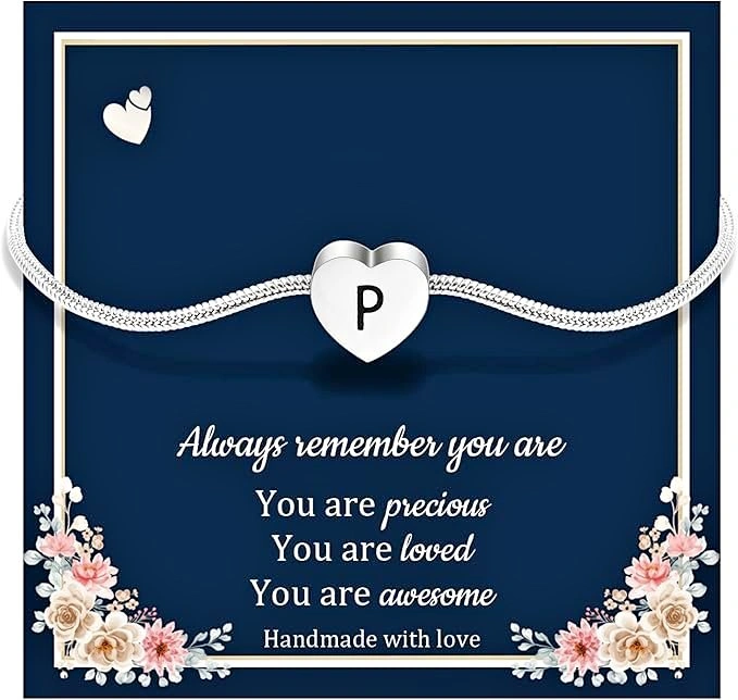 18K Silver Heart Initial Bracelet (Letter P)