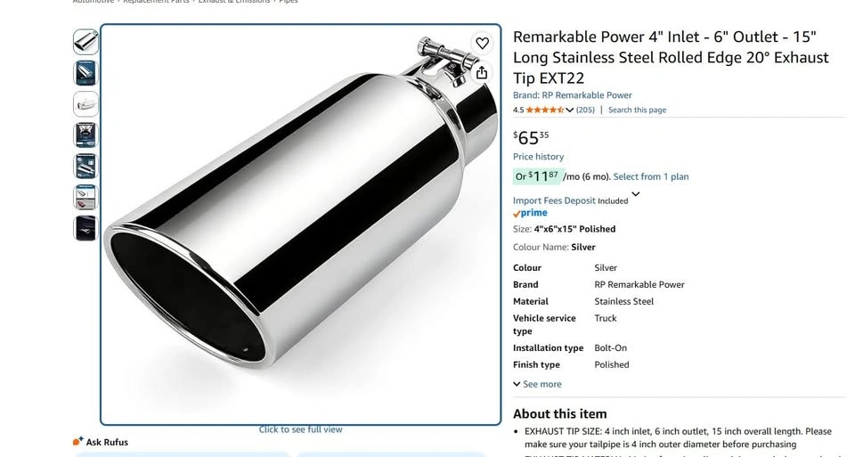 Remarkable Power 4" Inlet 6" Outlet 15" Stainless Exhaust Tip - photo 3