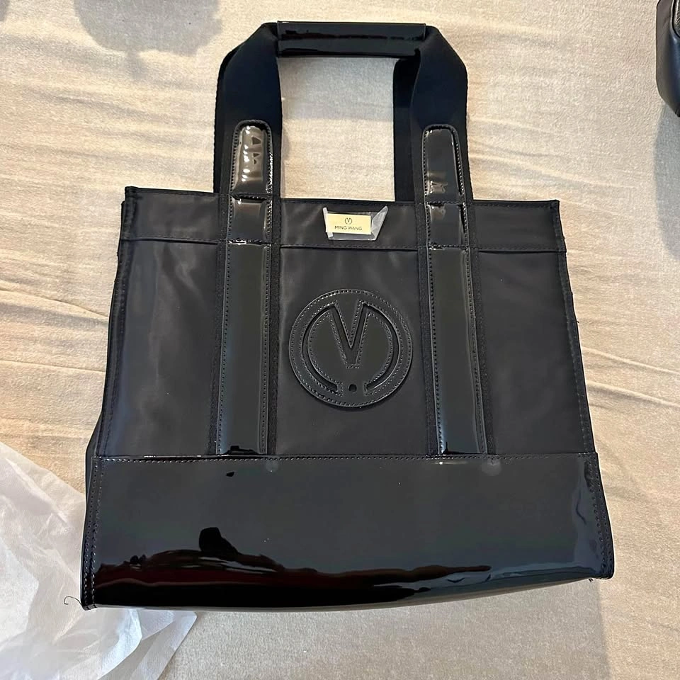 Ming Wang Black Nylon Patent Tote Bag