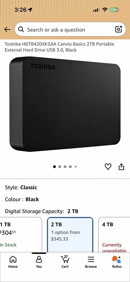 Toshiba Canvio Basics 2TB Portable External Hard Drive USB 3.0