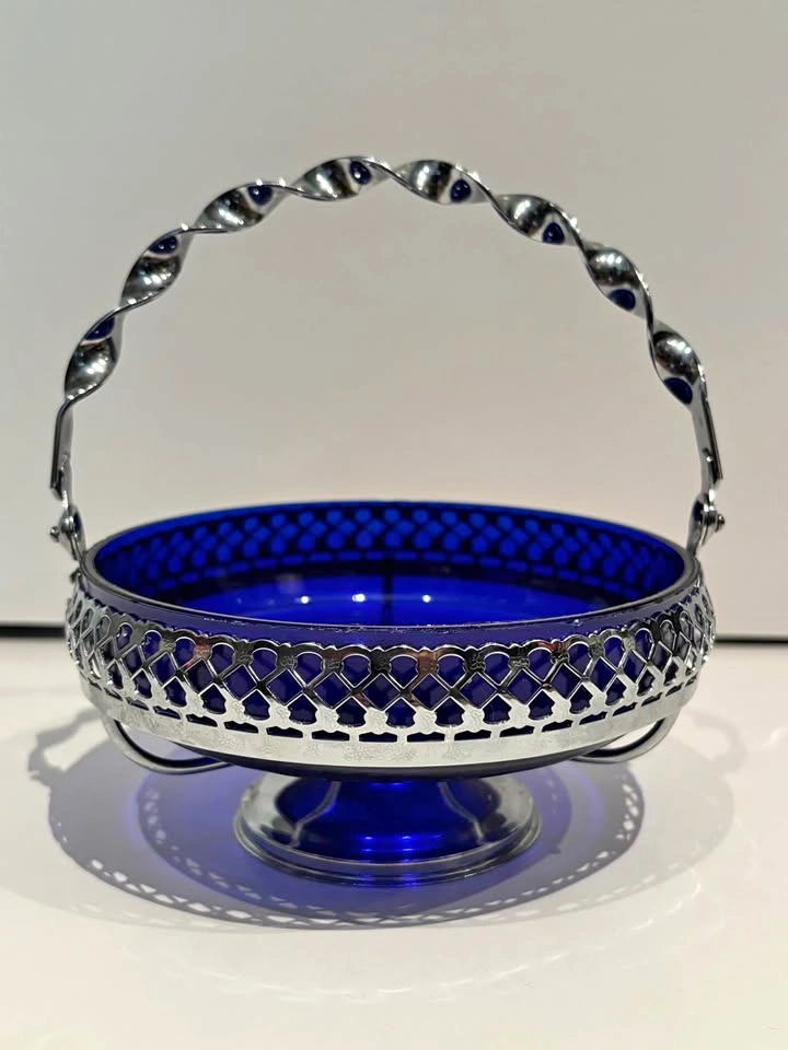 Vintage Mayell England Cobalt Blue Glass Handled Candy Bowl