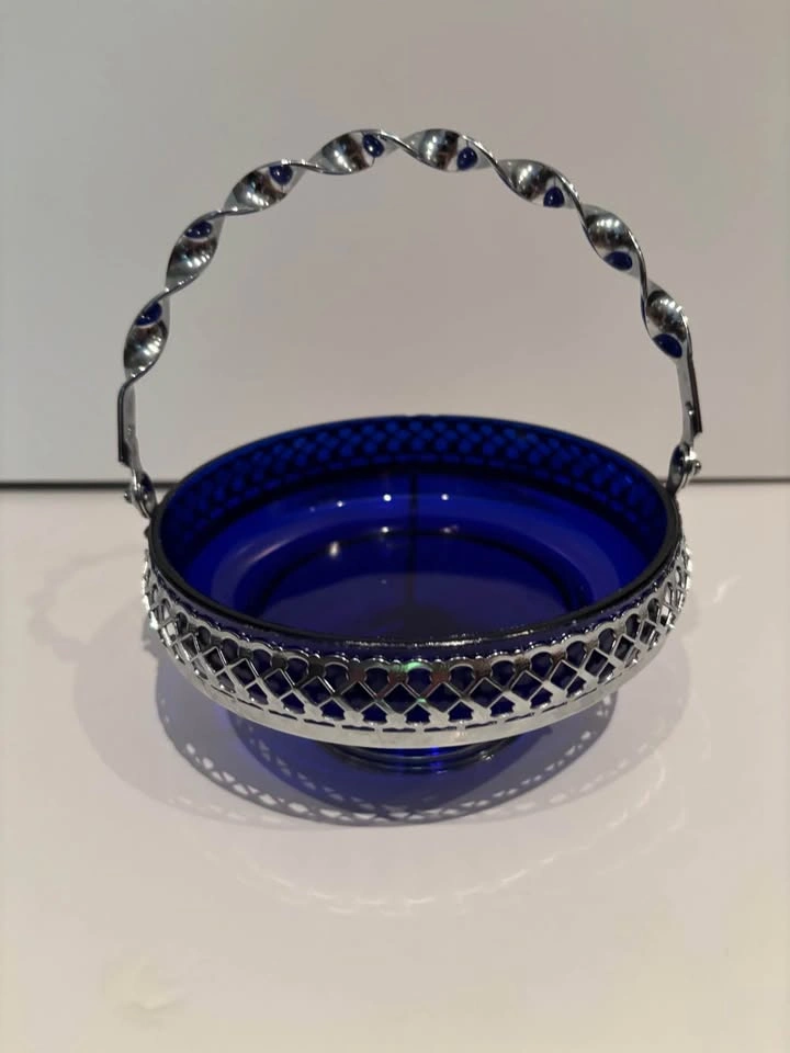 Vintage Mayell England Cobalt Blue Glass Handled Candy Bowl - photo 2