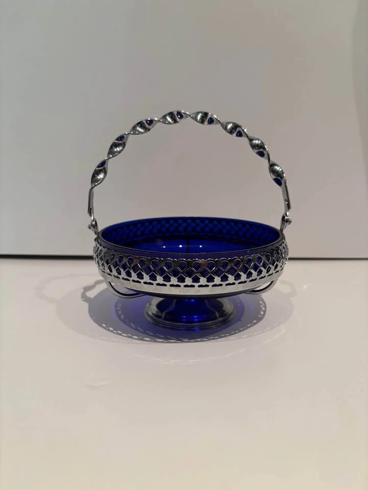 Vintage Mayell England Cobalt Blue Glass Handled Candy Bowl - photo 3