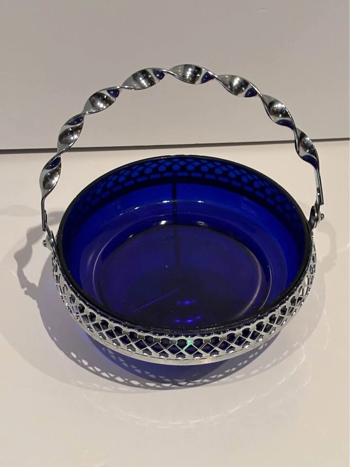 Vintage Mayell England Cobalt Blue Glass Handled Candy Bowl - photo 4