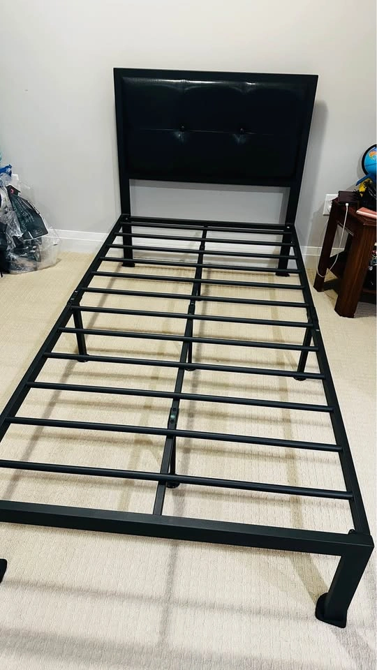 Twin Metal Bed Frame with Faux Leather Headboard and Mattress - photo 3