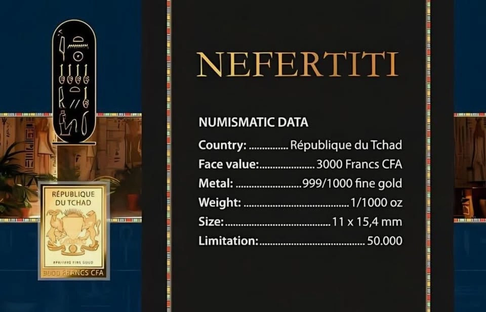 NEFERTITI 1/1000 Oz .999 Collectible Gold Card 3000 Francs Chad - photo 2