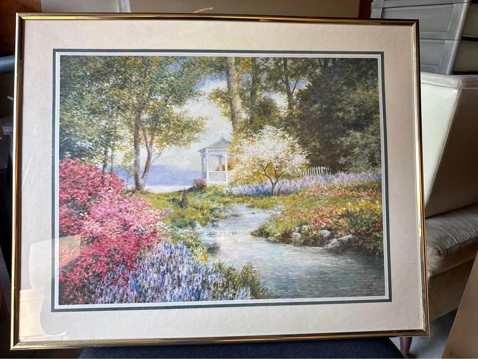 Framed Garden Landscape Art Print - Gazebo by the Brook