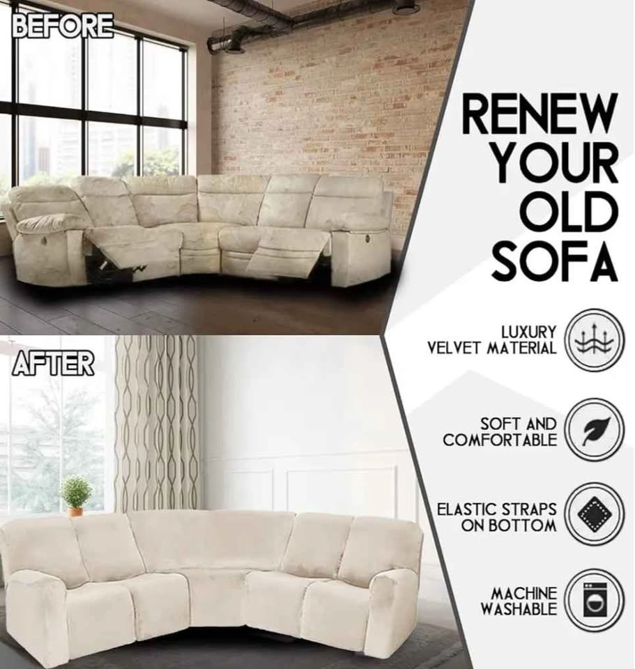 L Shape Recliner Sofa Cover ● Seats 5 ● Velvet ● Beige - photo 2