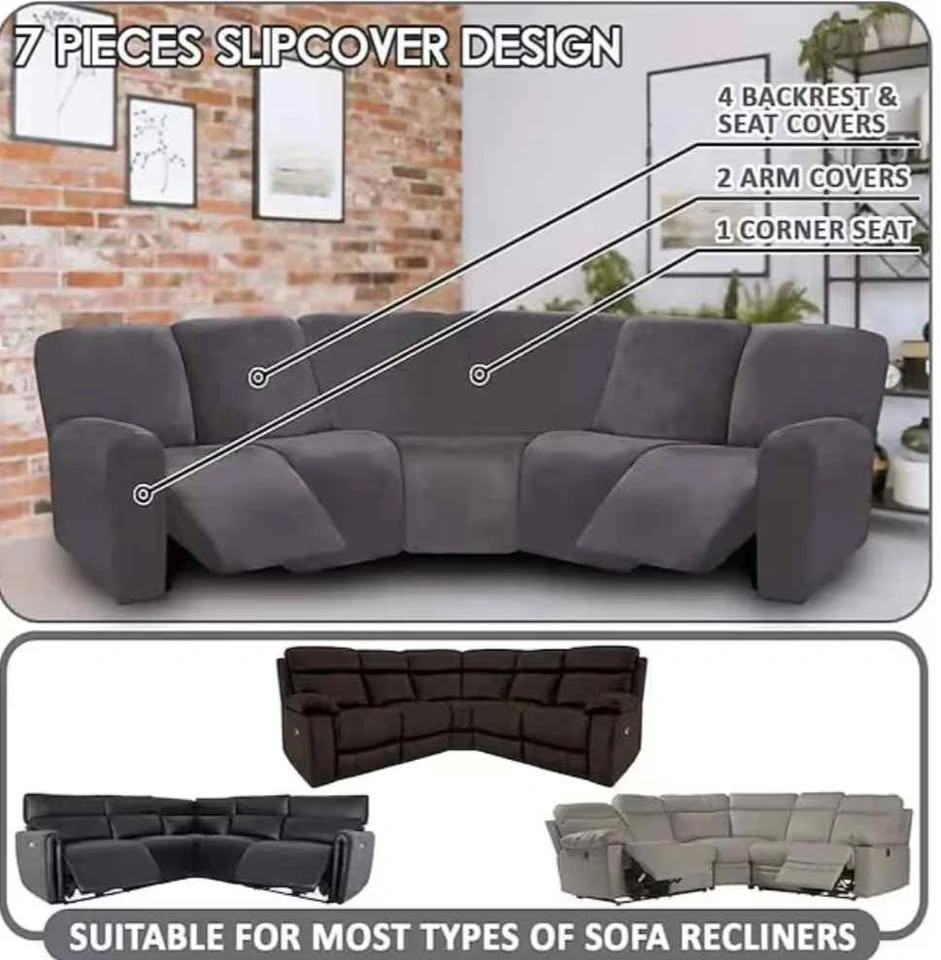 L Shape Recliner Sofa Cover ● Seats 5 ● Velvet ● Beige - photo 4