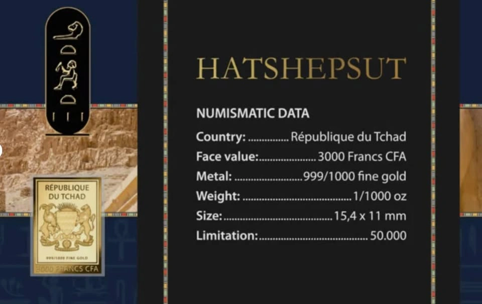 Hatshepsut 1/1000 Oz .999 Collectible Gold card 3000 Francs Chad - photo 2