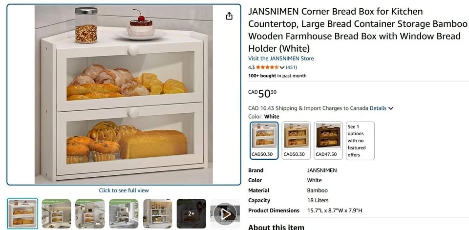 JANSNIMEN Corner Bread Box for Kitchen Countertop