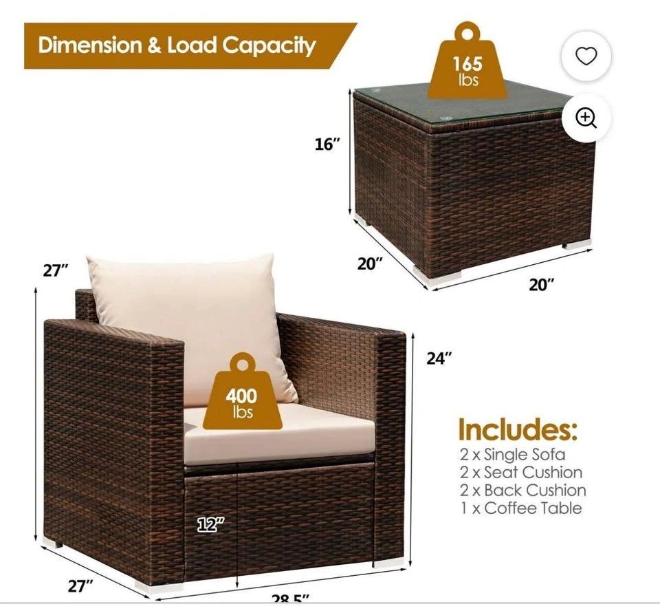 NEW Patiojoy 3-Piece Patio Rattan Furniture Set with Coffee Tabl - photo 4