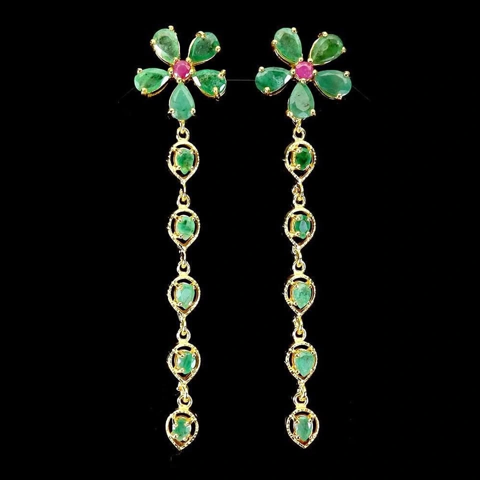 Emerald and Ruby Dangle Earrings in 14K Gold Plated Silver