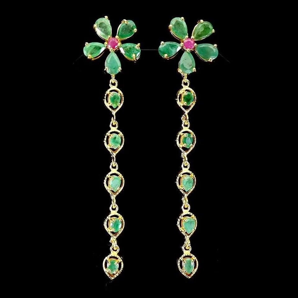 Emerald and Ruby Dangle Earrings in 14K Gold Plated Silver