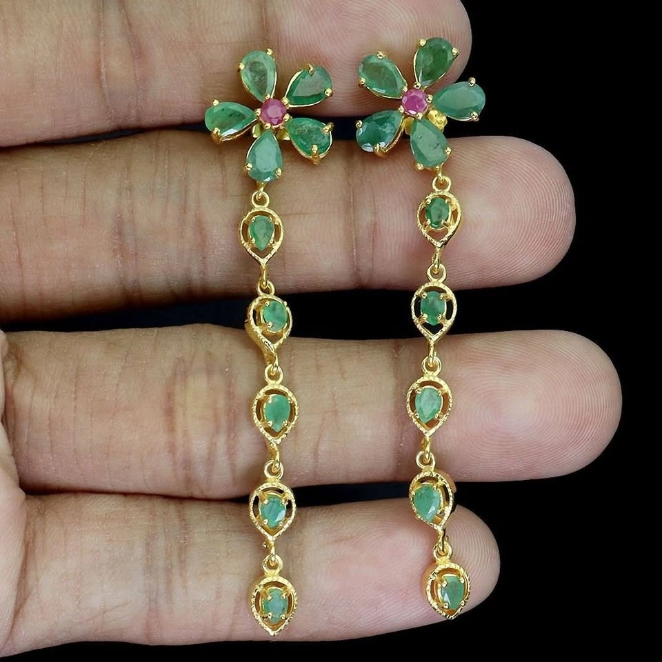 Emerald and Ruby Dangle Earrings in 14K Gold Plated Silver - photo 3