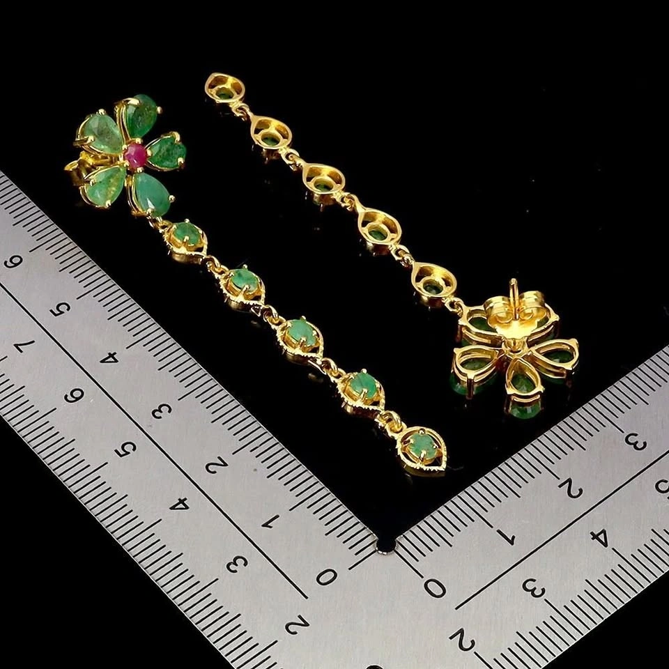 Emerald and Ruby Dangle Earrings in 14K Gold Plated Silver - photo 4