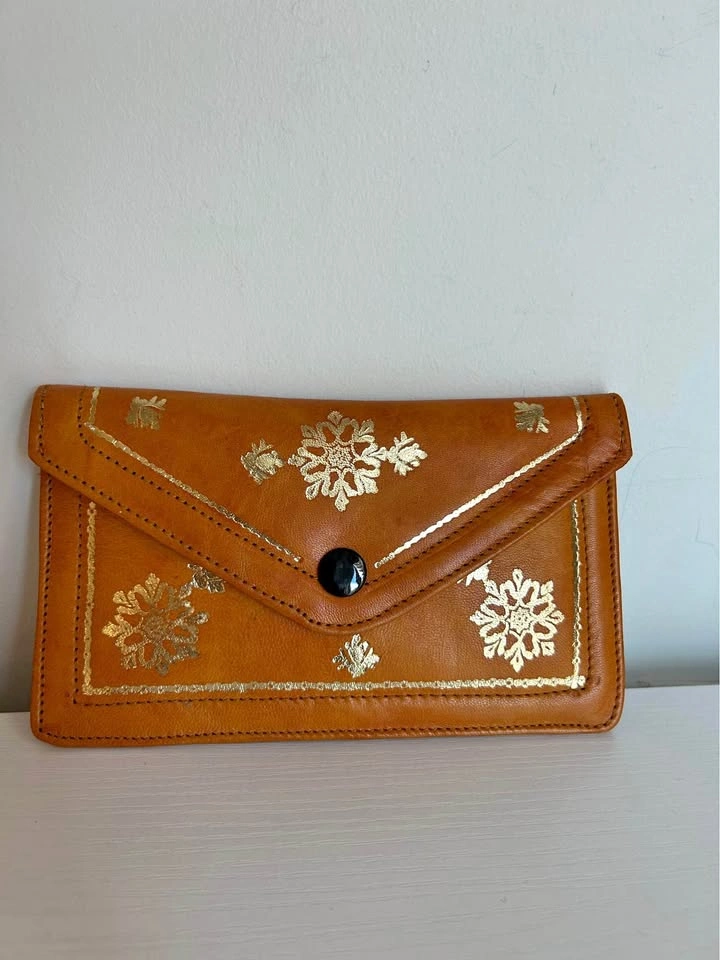 Moroccan Tan Leather Envelope Clutch with Gold Detail