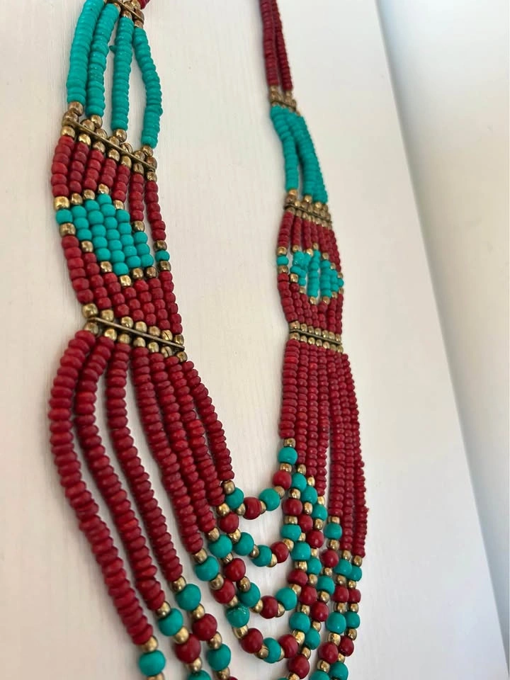 Multi-Strand Red and Turquoise Beaded Necklace