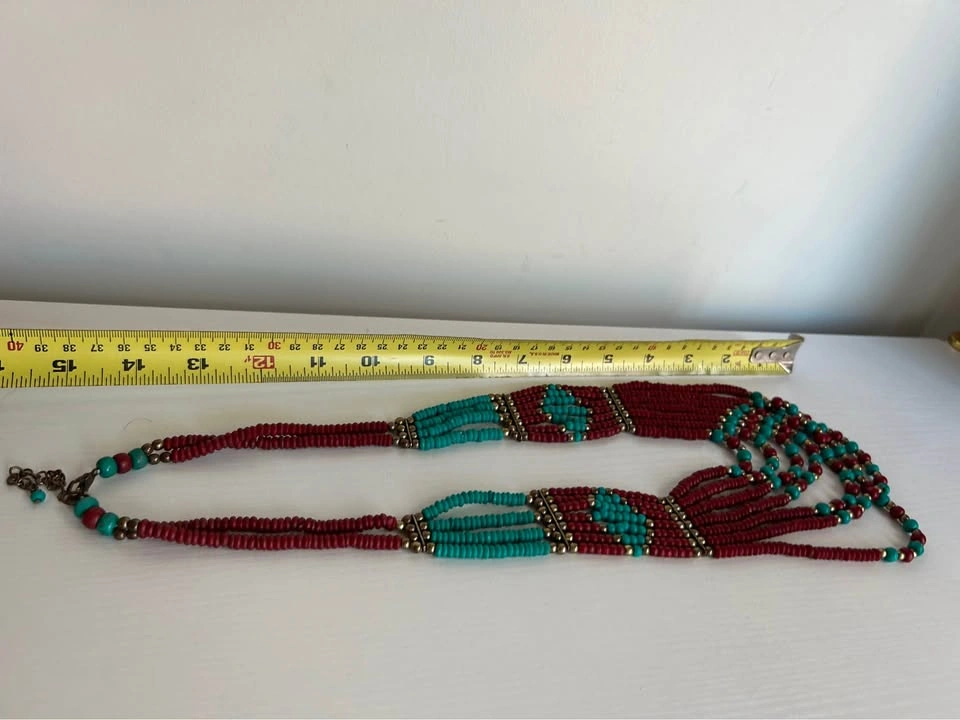 Multi-Strand Red and Turquoise Beaded Necklace - photo 2