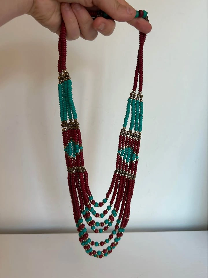 Multi-Strand Red and Turquoise Beaded Necklace - photo 4