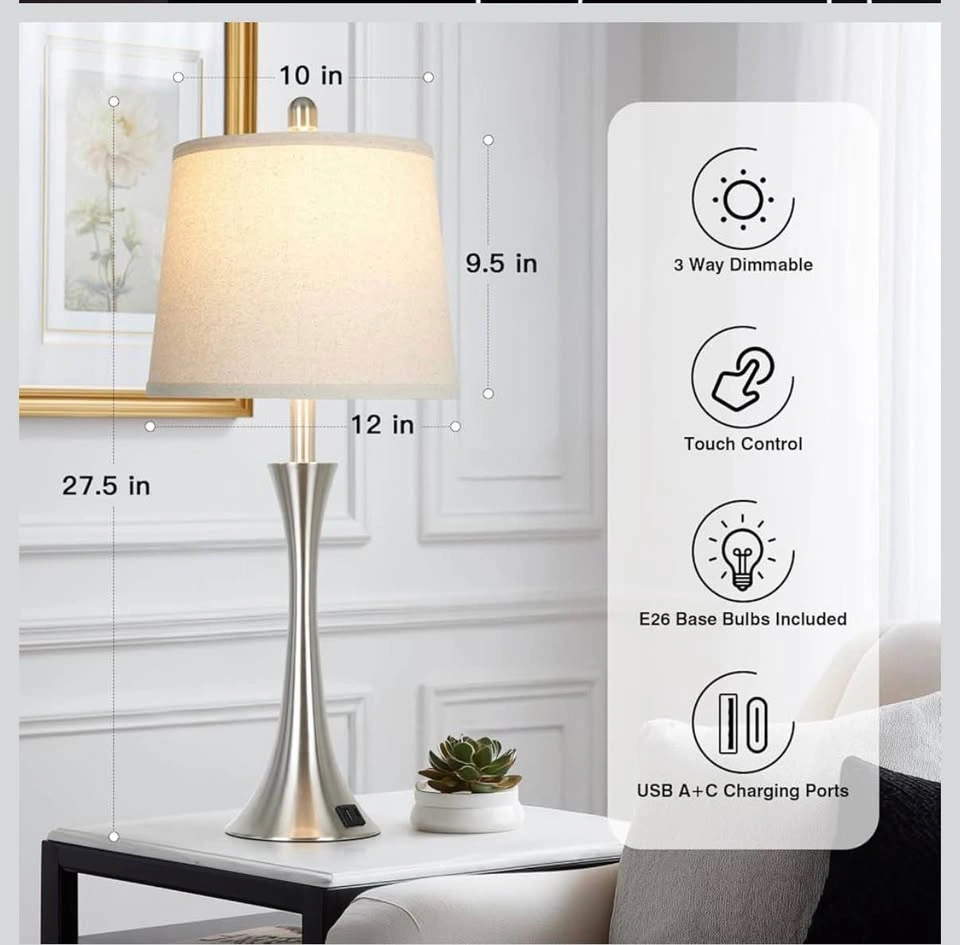 New 27.5" Silver Table Lamps Set of 2, Touch Bedside Lamps - photo 2