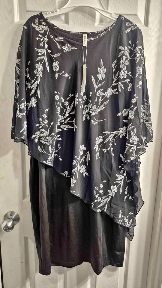 QIXING 3XL Black Floral Chiffon Overlay Dress