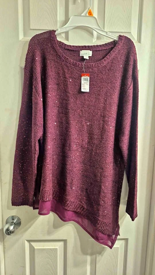 Jaclyn Smith Burgundy Sequin Asymmetrical Sweater Size 1X