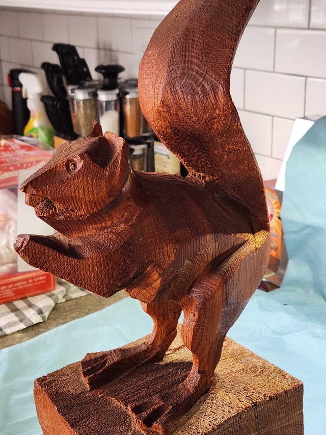 Large 1980s Hand-Carved Solid Wood Squirrel, Rustic Folk Art