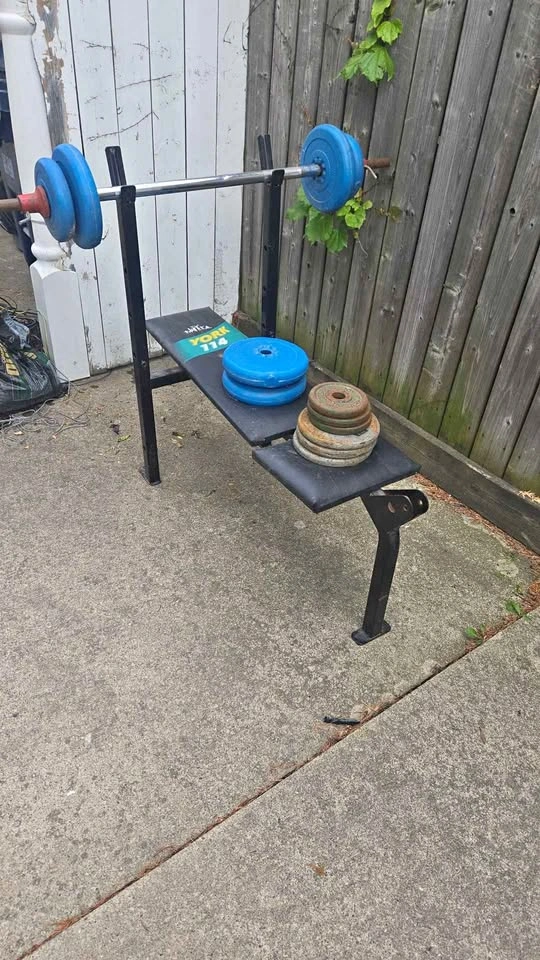 York 114 Weight Bench with Barbell and Weights