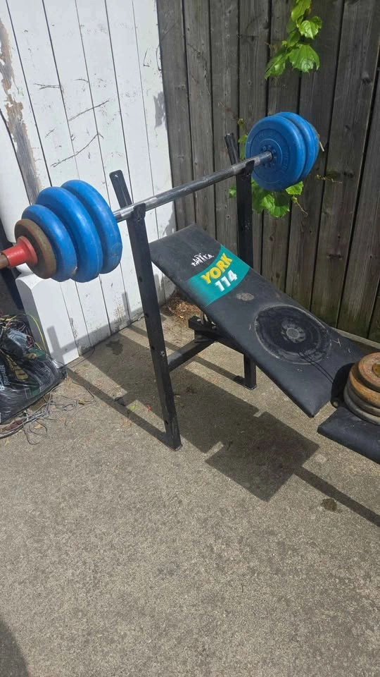 York 114 Weight Bench with Barbell and Weights - photo 2