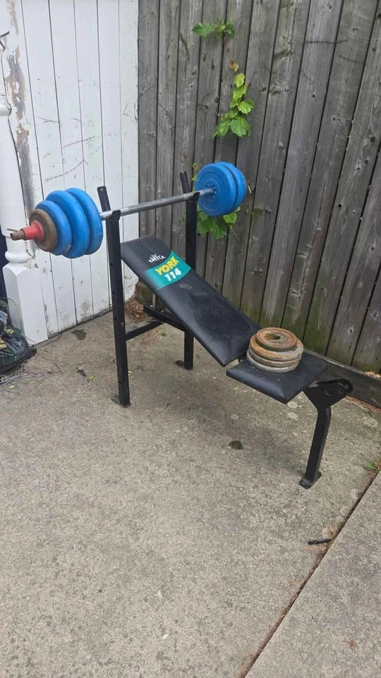 York 114 Weight Bench with Barbell and Weights - photo 3