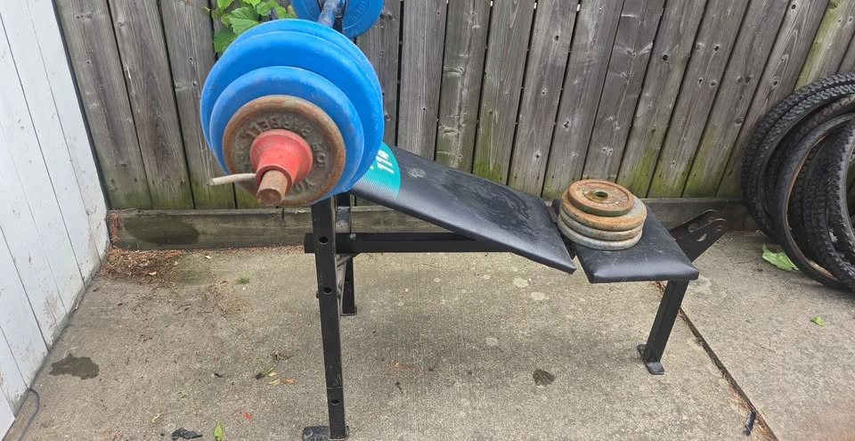 York 114 Weight Bench with Barbell and Weights - photo 4