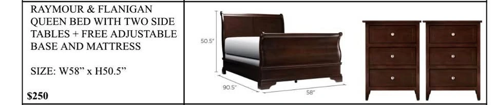 Queen bed with mattress and base and 2nightstands