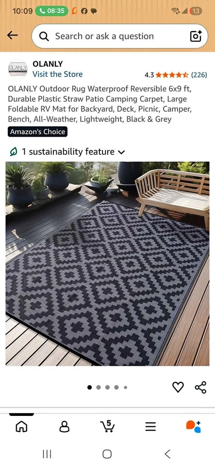 Outdoor Rug Waterproof Reversible 6x9 ft