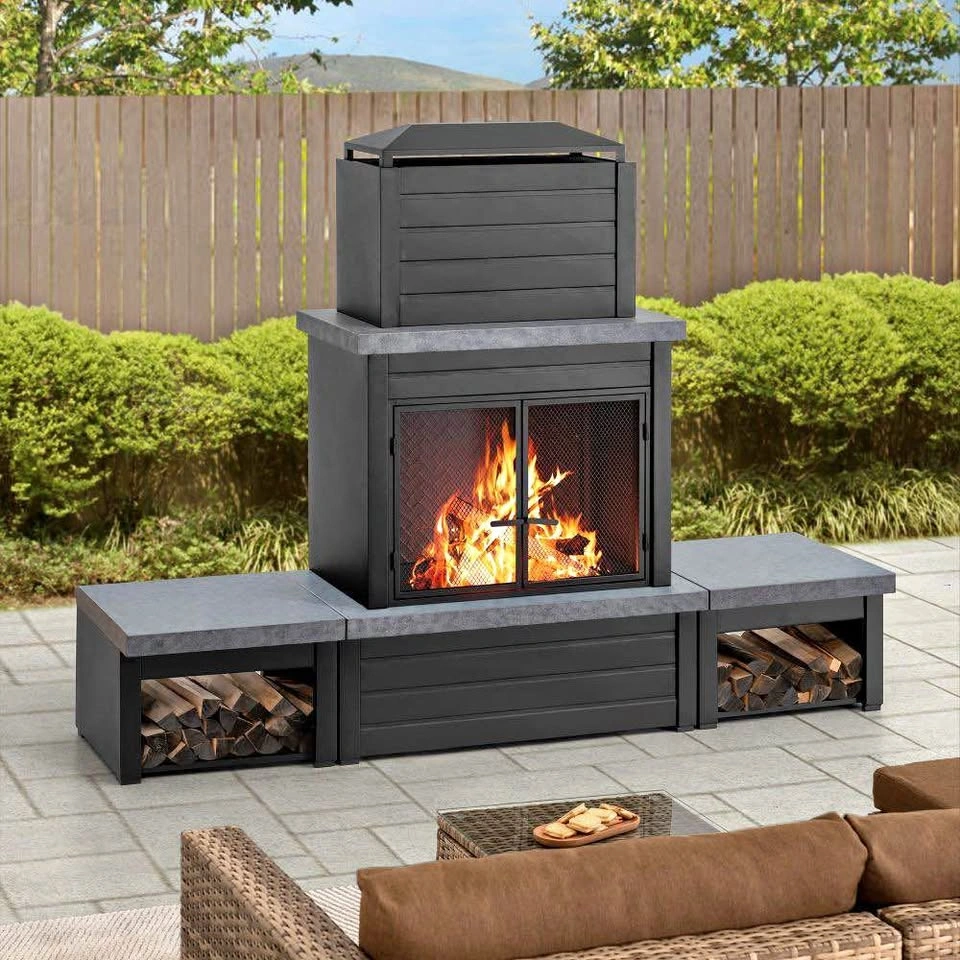 SUNJOY 58 Inch Modern Outdoor Fireplace with Chimney & Log Holde