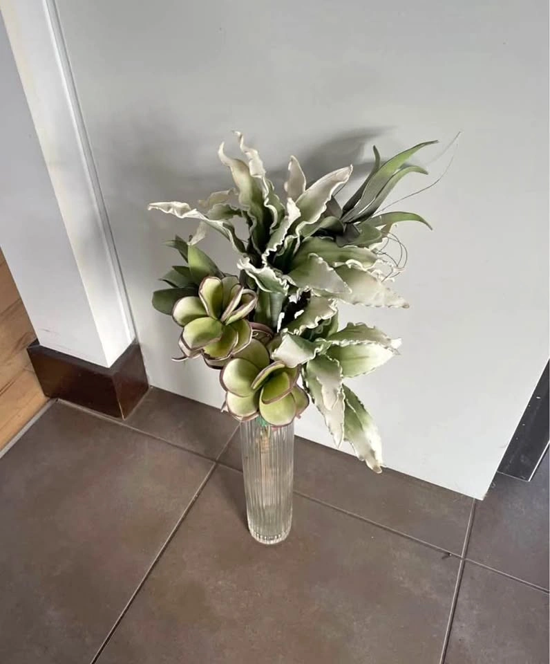 Artificial Tropical Floral Arrangement in Ribbed Glass Vase