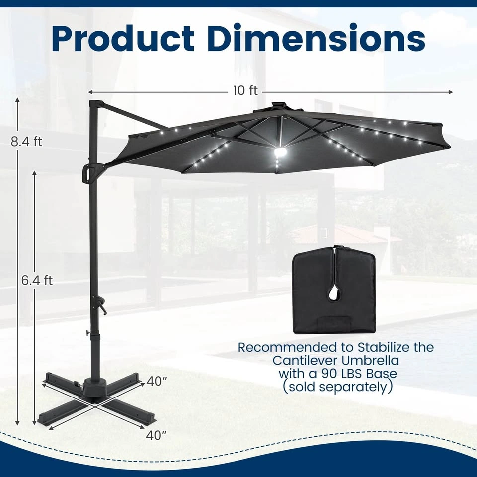 Costway 10 FT Cantilever Patio Umbrella with Solar LED Lights - photo 4